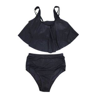 Two-Piece Black High-Waisted Bikini  Ruffle Tankini Top Adjustable Straps  SZ L